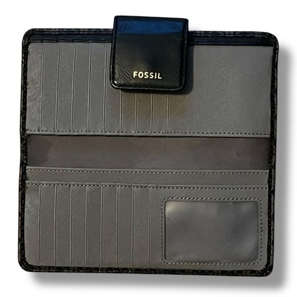 Fossil Madison Tab Clutch Wallet Slim Bi-Fold Black Taupe Geo Print PVC 7.5x3.5 - Picture 4 of 9